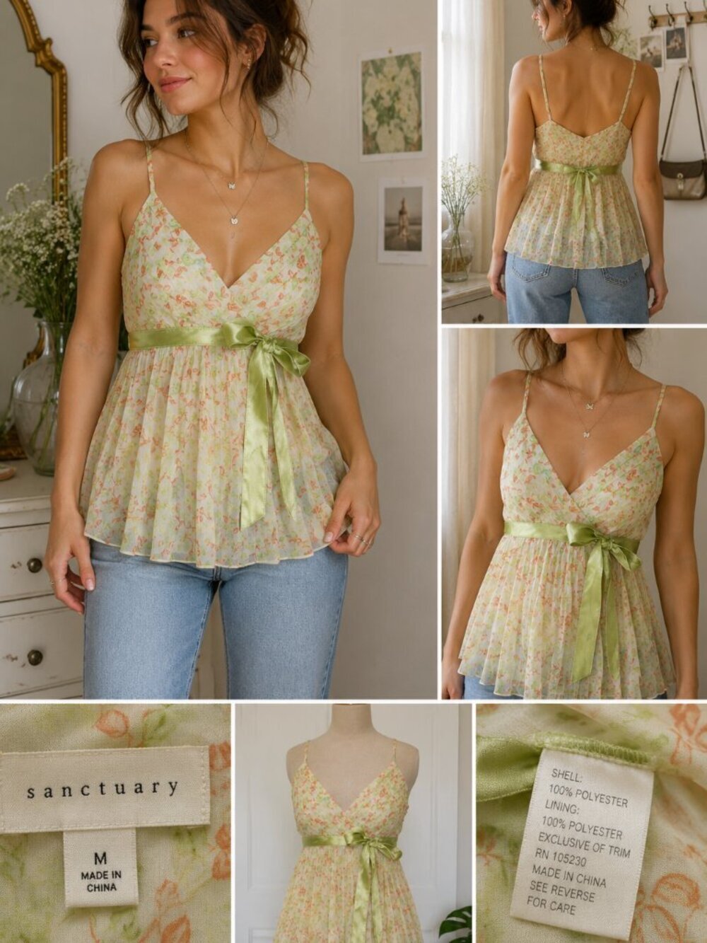 Sanctuary Floral Pleated Babydoll Cami Top Green Ribbon Cottagecore Fairy Size M